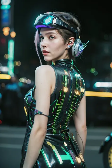 Tinker Bell, wearing VR helmet, cyberpunk 2077 cityscape, art by Agnes Cecile