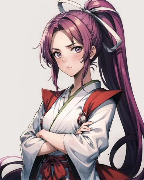 <lora:touhou_meira:1.0>, 1girl, tpmeira, expressionless, looking at viewer, crossed arms, ponytail, hair ribbon, japanese clothes, kimono, solo, wide sleeves, <lora:add_detail:0.65>, masterpiece, best quality