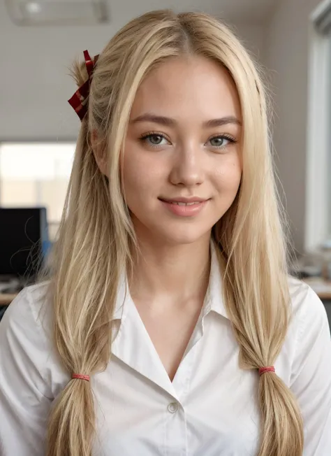 RAW Photo, DSLR, professional color graded, BREAK photograph of Al1sonAng3l woman, long straight hair, bleached blonde hair, two ponytails, smile, wearing office outfit, in an office, sharp focus, HDR, 8K resolution, intricate detail, sophisticated detail, depth of field, analogue RAW DSLR, photorealistic, looking at viewer, <lora:Al1sonAng3l:0.55>, <lora:detailed_eye:0.8>