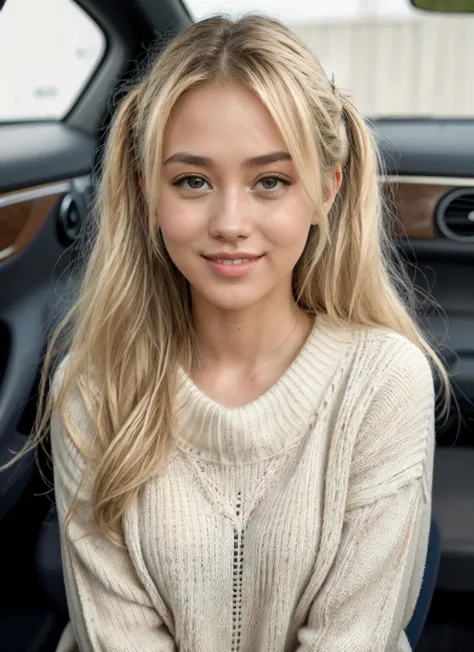 RAW Photo, DSLR, professional color graded, BREAK photograph of Al1sonAng3l woman, long straight hair, bleached blonde hair, two ponytails, smile, wearing sweater, inside sport car, sharp focus, HDR, 8K resolution, intricate detail, sophisticated detail, depth of field, analogue RAW DSLR, photorealistic, looking at viewer, <lora:Al1sonAng3l:0.55>, <lora:detailed_eye:0.8>,