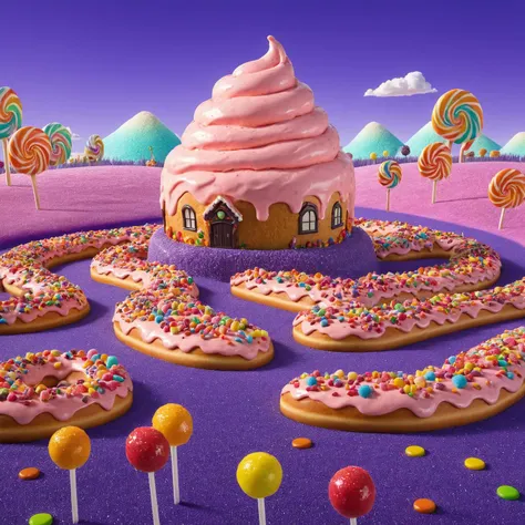 Highly detailed intricate masterpiece, 8k, colorful, rainbow, Full background, sweetscape, 3d, isometric view, black race track made with sugar colorful piping drizzle and glaze with intricate detailed road with piped track markings and a glitter finish, along the side of the track are oversized doughnuts , lollipop trees, a house made of candy, a gradient sky above, a ice cream mountain in the background, purple grass<lora:SWEETSCAPE_XL:1>,