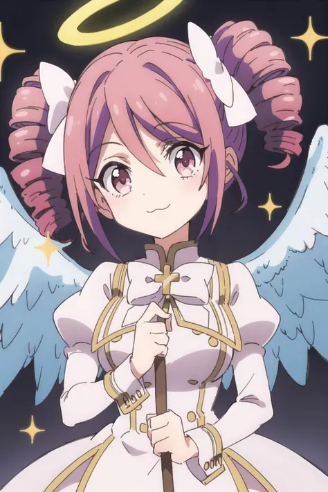 pino, 1girl, solo, halo, wings, angel_wings, angel, smile, bow, looking_at_viewer, axe, holding, weapon, white_bow, upper_body, cross, ribbon, white_wings, feathered_wings, closed_mouth, scythe, head_tilt, holding_weapon, battle_axe, bowtie, holding_axe, long_sleeves, halberd, dress, :3, shiny_hair, white_ribbon, sparkle