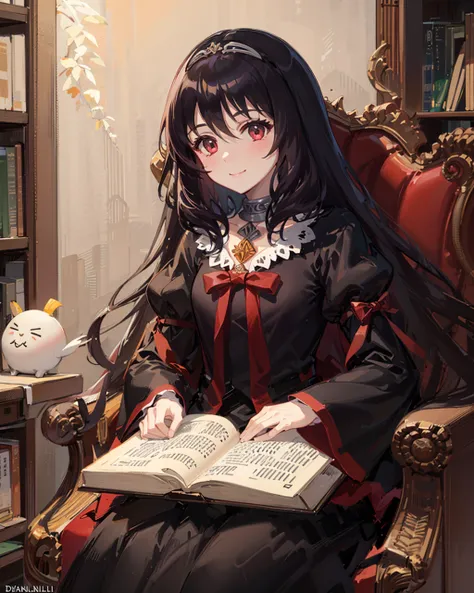 1girl,dalian, black_hair,black dress,sitting, <lora:DalianAnimeV1:0.9>,library, book,light smile, dantalian no shoka,