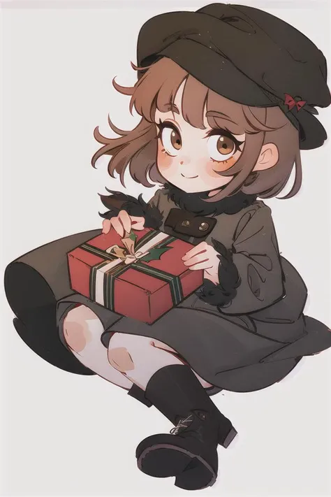 (Highest picture quality), (Master's work), (ultra-detailed), (Detailed eye description:1.2), masterpiece, best quality, IRIaStyle, chibi, 1girl, solo, looking at viewer, smile, short hair, bangs, simple background, brown hair, long sleeves, hat, white background, bow, holding, brown eyes, sitting, full body, pantyhose, boots, black footwear, coat, fur trim, brown footwear, blush stickers, box, christmas, red headwear, gift, santa hat, santa costume, gift box, invisible chair, fur-trimmed sleeves, holding gift, fur-trimmed headwear , dark colors, muted colors <lora:test_little_papapa:1>