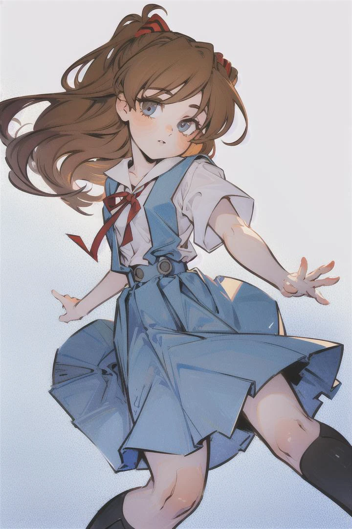 (Highest picture quality), (Master's work), (ultra-detailed), (Detailed eye description:1.2), masterpiece, best quality, IRIaStyle, chibi, solo, simple background, 1girl, white background, dark colors, muted colors <lora:test_little_papapa:1>, <lora:AsukaLangleySouryuuV2:1> souryuu asuka langley, suspender skirt, red ribbon, white shirt, school uniform, socks, shoes, <lora:PovFromBelowV1:0.8> pov, from below