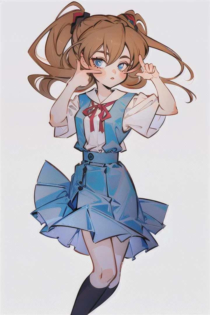 (Highest picture quality), (Master's work), (ultra-detailed), (Detailed eye description:1.2), masterpiece, best quality, IRIaStyle, chibi, solo, simple background, 1girl, white background, dark colors, muted colors <lora:test_little_papapa:1>, <lora:AsukaLangleySouryuuV2:1> souryuu asuka langley, suspender skirt, red ribbon, white shirt, school uniform, socks, shoes, <lora:finger_frame_final:0.8> finger frame