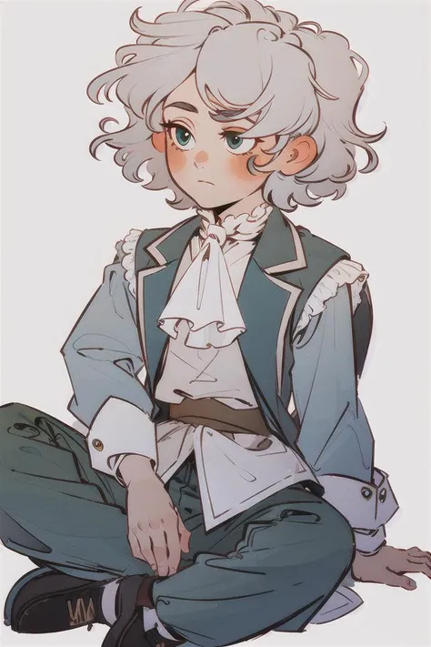 (Highest picture quality), (Master's work), (ultra-detailed), (Detailed eye description:1.2), masterpiece, best quality,IRIaStyle, chibi, solo, short hair, simple background, shirt, long sleeves, 1boy, white background, sitting, closed mouth, green eyes, full body, white shirt, white hair, grey hair, male focus, boots, puffy sleeves, pants, hair over one eye, vest, looking to the side, ascot, frown, wavy hair, looking away, brown footwear, aged down, blue pants, indian style, white ascot, dark colors, muted colors <lora:test_little_papapa:1>