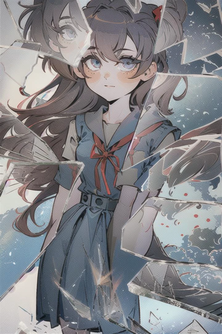 (Highest picture quality), (Master's work), (ultra-detailed), (Detailed eye description:1.2), masterpiece, best quality, IRIaStyle, chibi, solo, simple background, 1girl, white background, dark colors, muted colors <lora:test_little_papapa:1>, <lora:AsukaLangleySouryuuV2:1> souryuu asuka langley, suspender skirt, red ribbon, white shirt, school uniform, socks, shoes, <lora:BrokenGlass:0.8> IncrsBrknGls, broken glass, reflection