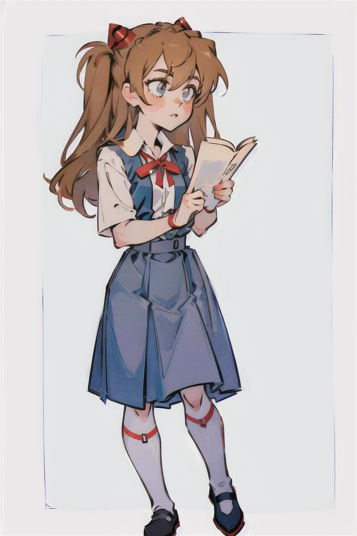 (Highest picture quality), (Master's work), (ultra-detailed), (Detailed eye description:1.2), masterpiece, best quality, IRIaStyle, chibi, solo, simple background, 1girl, white background, dark colors, muted colors <lora:test_little_papapa:1>, <lora:AsukaLangleySouryuuV2:1> souryuu asuka langley, suspender skirt, red ribbon, white shirt, school uniform, socks, shoes, <lora:concept_poohreading:0.8> poohreading