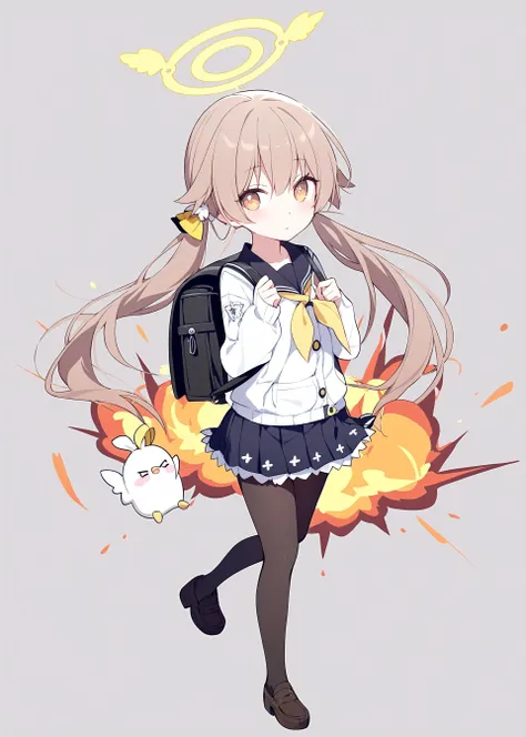 1girl,
hifumi  \(blue archive\), blue archive,
rurudo,quan \(kurisu tina\), ogipote,
chibi, cute, cameo, school uniform, halo, full body, white background, looking at viewer, bag, skirt, explosion, sidelocks, hair between eyes, serafuku, brown eyes, shoulder strap, pantyhose, charm (object), character name, long sleeves, miniskirt, black pantyhose, backpack, long hair, wing hair ornament, light brown hair, simple background, twintails, pleated skirt, low twintails, solo, tachi-e, bag charm,
masterpiece, newest, absurdres, safe