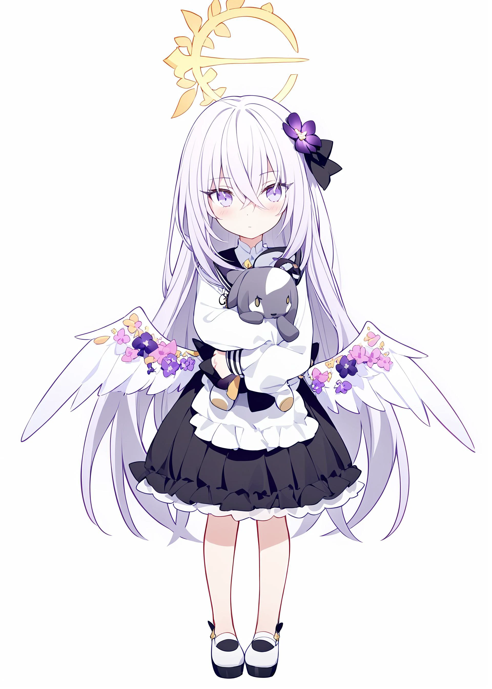 1girl,
azusa \(blue archive\), blue archive,
rurudo,quan \(kurisu tina\), ogipote,
chibi, halo, hugging object, hair ornament, full body, white background, long skirt, looking at viewer, holding stuffed toy, feathered wings, flower, purple flower, blush, crossed bangs, purple bow, skirt, standing, parody, very long hair, white shirt, hair between eyes, closed mouth, shirt, long sleeves, blue shirt, stuffed toy, stuffed animal, long hair, purple hair, wings, purple eyes, hair flower, black skirt, hair bow, solo, holding, white footwear, bow, simple background,
masterpiece, newest, absurdres, safe