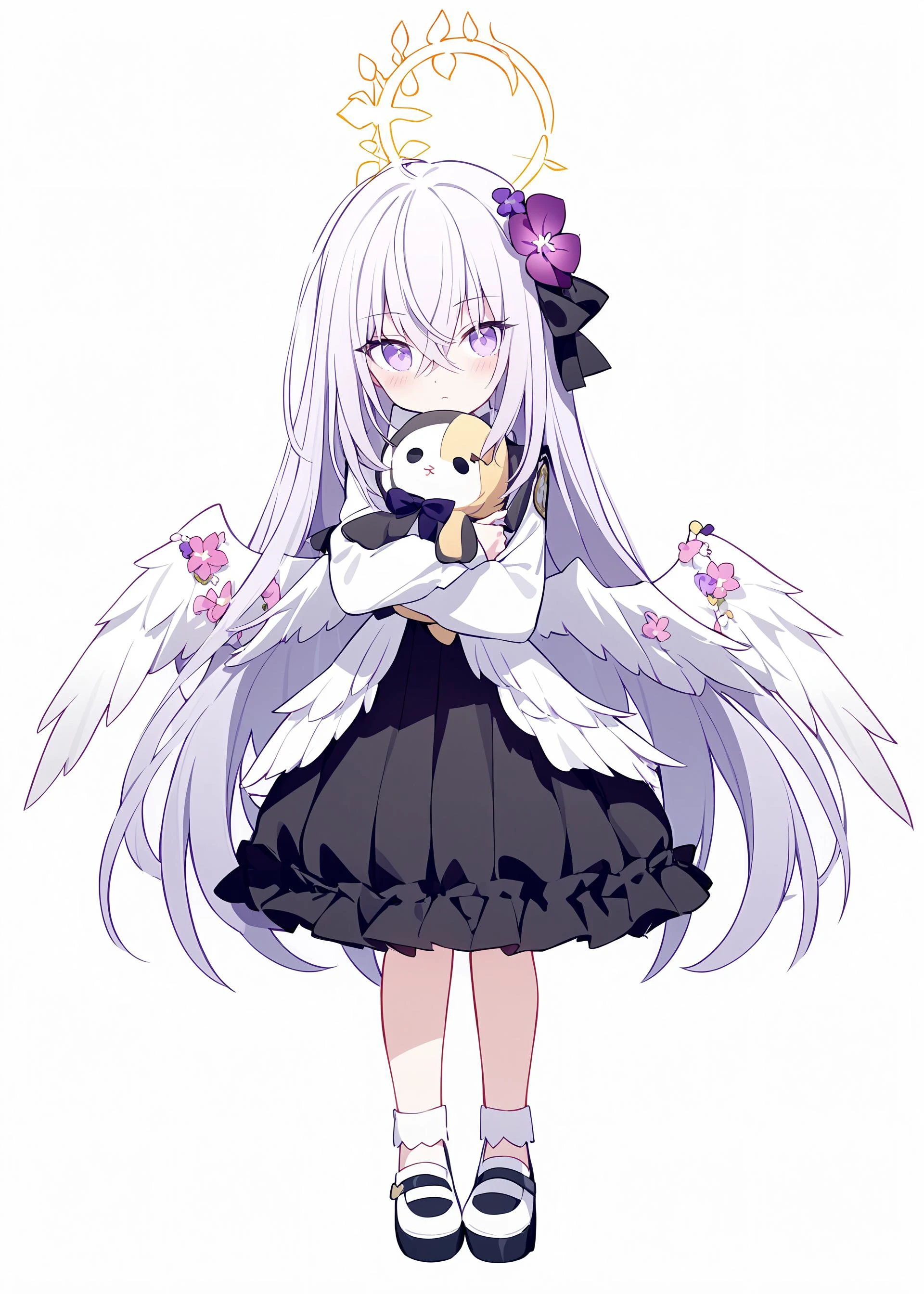 1girl,
azusa \(blue archive\), blue archive,
rurudo,quan \(kurisu tina\), ogipote,
chibi, halo, hugging object, hair ornament, full body, white background, long skirt, looking at viewer, holding stuffed toy, feathered wings, flower, purple flower, blush, crossed bangs, purple bow, skirt, standing, parody, very long hair, white shirt, hair between eyes, closed mouth, shirt, long sleeves, blue shirt, stuffed toy, stuffed animal, long hair, purple hair, wings, purple eyes, hair flower, black skirt, hair bow, solo, holding, white footwear, bow, simple background,
masterpiece, newest, absurdres, safe