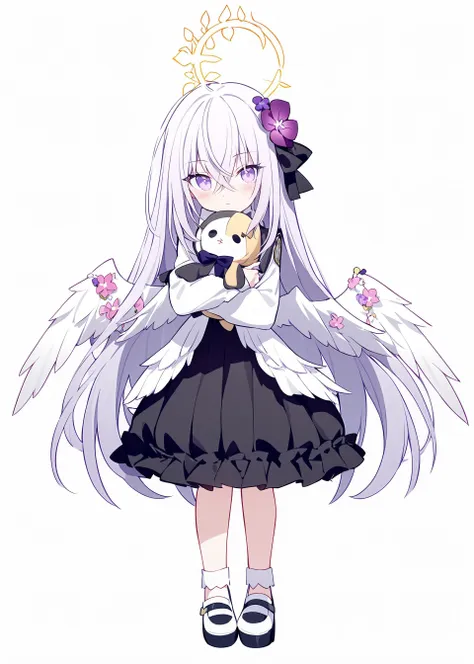 1girl,
azusa  \(blue archive\), blue archive,
rurudo,quan \(kurisu tina\), ogipote,
chibi, halo, hugging object, hair ornament, full body, white background, long skirt, looking at viewer, holding stuffed toy, feathered wings, flower, purple flower, blush, crossed bangs, purple bow, skirt, standing, parody, very long hair, white shirt, hair between eyes, closed mouth, shirt, long sleeves, blue shirt, stuffed toy, stuffed animal, long hair, purple hair, wings, purple eyes, hair flower, black skirt, hair bow, solo, holding, white footwear, bow, simple background,
masterpiece, newest, absurdres, safe