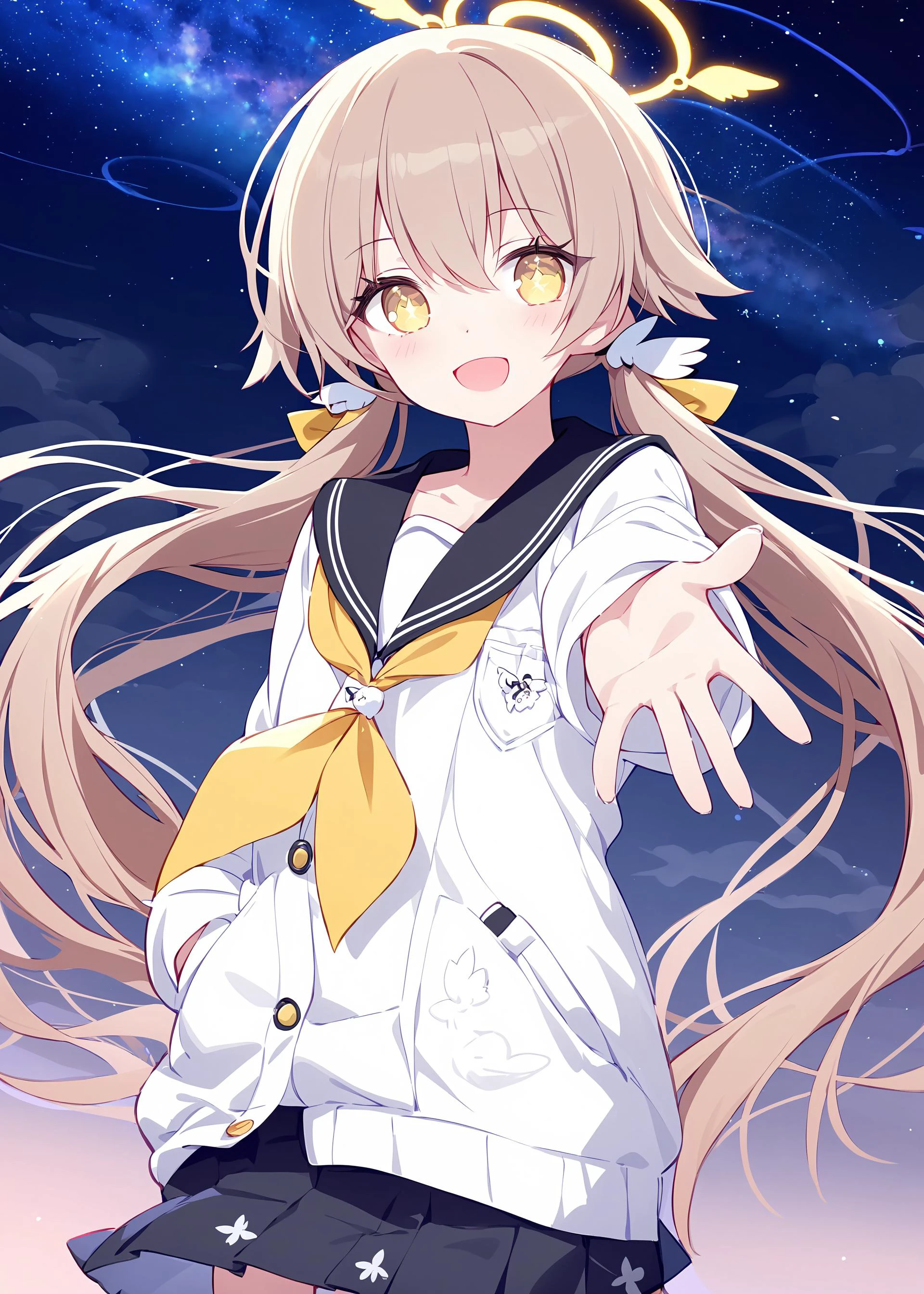 1girl,
hifumi \(blue archive\), blue archive,
rurudo,quan \(kurisu tina\), ogipote,
nebulae,milky way,outstretched hand,hand in pocket,starry,horizon,halo,hair ornament,looking at viewer,very long hair,sidelocks,hair between eyes,flower-shaped pupils,serafuku,long sleeves,star (symbol),brown hair,wing hair ornament,collared coat,pleated skirt,low twintails, white coat,:d,yellow eyes,
masterpiece, newest, absurdres, safe