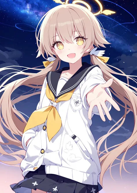 1girl,
hifumi  \(blue archive\), blue archive,
rurudo,quan \(kurisu tina\), ogipote,
nebulae,milky way,outstretched hand,hand in pocket,starry,horizon,halo,hair ornament,looking at viewer,very long hair,sidelocks,hair between eyes,flower-shaped pupils,serafuku,long sleeves,star (symbol),brown hair,wing hair ornament,collared coat,pleated skirt,low twintails, white coat,:d,yellow eyes,
masterpiece, newest, absurdres, safe