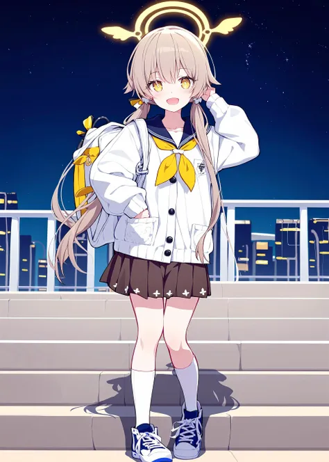 1girl,
hifumi  \(blue archive\), blue archive,
rurudo,quan \(kurisu tina\), ogipote,
milky way, school uniform, halo, leaning forward, open mouth, bullpup, full body, hair ornament, shoes, bag on lap, looking at viewer, bag, skirt, star hair ornament, standing, headphones, alternate costume, sidelocks, hair ribbon, over shoulder, cosplay, winter coat, smile, winter clothes, serafuku, blue sailor collar, l85, outdoors, charm (object), grey hair, grey footwear, grey coat,coat, star (symbol), brown skirt, socks, backpack, sky, long hair, kneehighs, blonde hair, twintails, low twintails, neckerchief, sailor collar, hand to own mouth, solo, night sky, sneakers, :d, stairs, crescent moon, weapon over shoulder, white bag, arm up, holding, holding weapon, white footwear, ribbon, dot nose, night, hoshino (blue archive) (cosplay), yellow eyes, bag charm, white cardigan,
masterpiece, newest, absurdres, safe