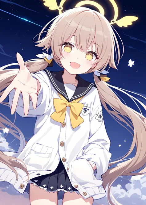 1girl, 
hifumi  \(blue archive\), blue archive, 
rurudo,quan \(kurisu tina\), ogipote, 
nebulae,milky way,outstretched hand,hand in pocket,starry,horizon,halo,hair ornament,looking at viewer,very long hair,sidelocks,hair between eyes,flower-shaped pupils,serafuku,long sleeves,star (symbol),brown hair,wing hair ornament,collared coat,pleated skirt,low twintails, white coat,:d,yellow eyes,
masterpiece, newest, absurdres, safe