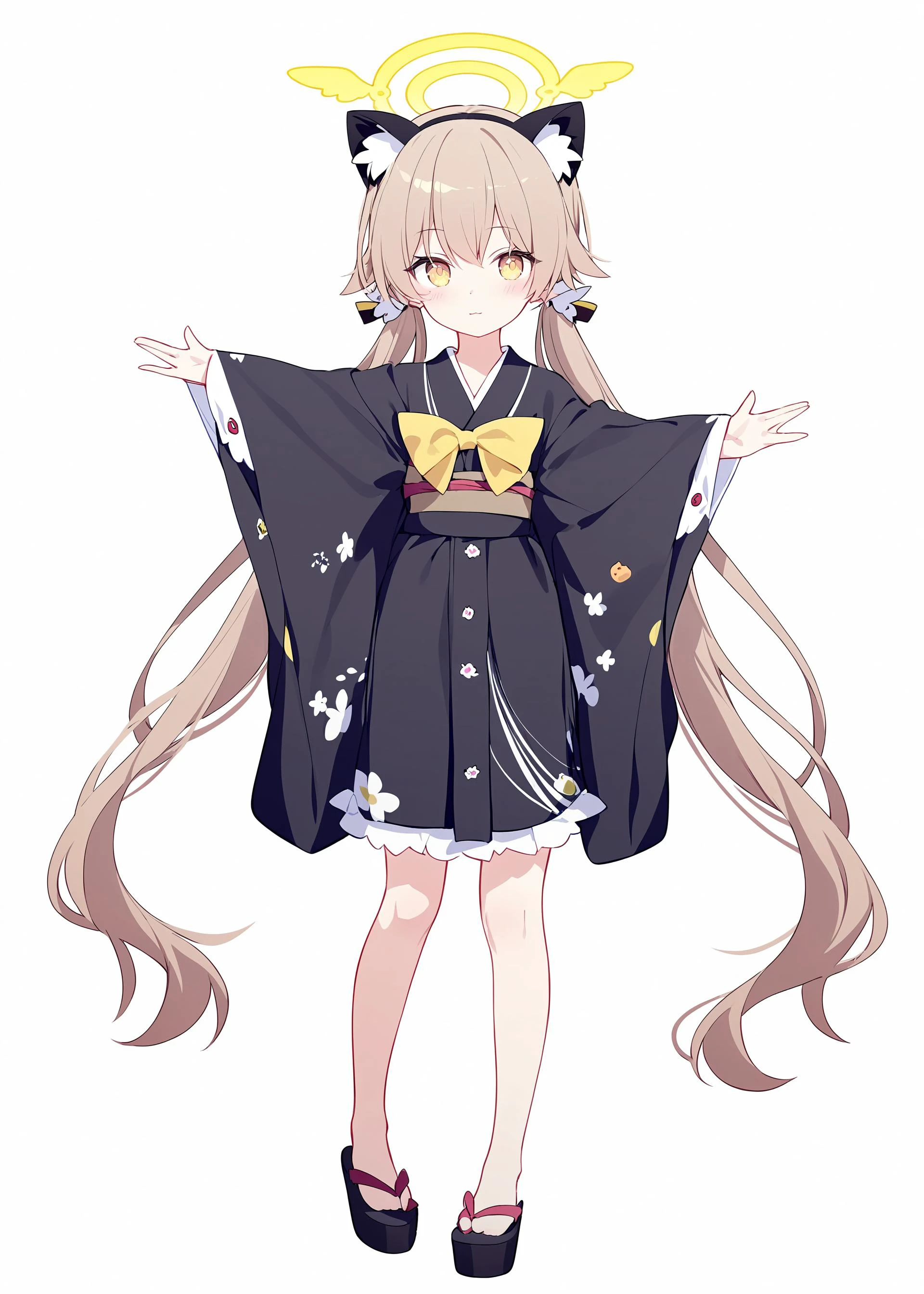 1girl,
hifumi \(blue archive\), blue archive,
rurudo,quan \(kurisu tina\), ogipote,
cat ears, halo, hair flaps, full body, white background, looking at viewer, meme, chibi, arms up, standing, sidelocks, hair ribbon, hair between eyes, cosplay, yukata, long sleeves, me!me!me! dance (meme), fake animal ears, long hair, light brown hair, kimono, japanese clothes, kigurumi, twintails, animal ears, low twintails, :3, hair bow, solo, ribbon, wide sleeves, bow, food print, yellow eyes, simple background,
masterpiece, newest, absurdres, safe
