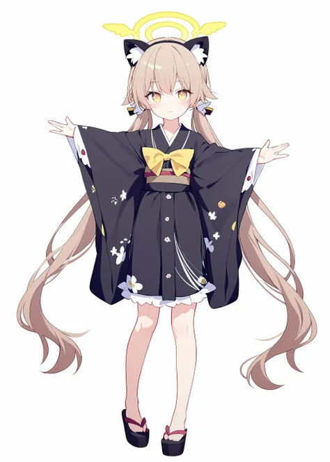 1girl,
hifumi  \(blue archive\), blue archive,
rurudo,quan \(kurisu tina\), ogipote,
cat ears, halo, hair flaps, full body, white background, looking at viewer, meme, chibi, arms up, standing, sidelocks, hair ribbon, hair between eyes, cosplay, yukata, long sleeves, me!me!me! dance (meme), fake animal ears, long hair, light brown hair, kimono, japanese clothes, kigurumi, twintails, animal ears, low twintails, :3, hair bow, solo, ribbon, wide sleeves, bow, food print, yellow eyes, simple background,
masterpiece, newest, absurdres, safe