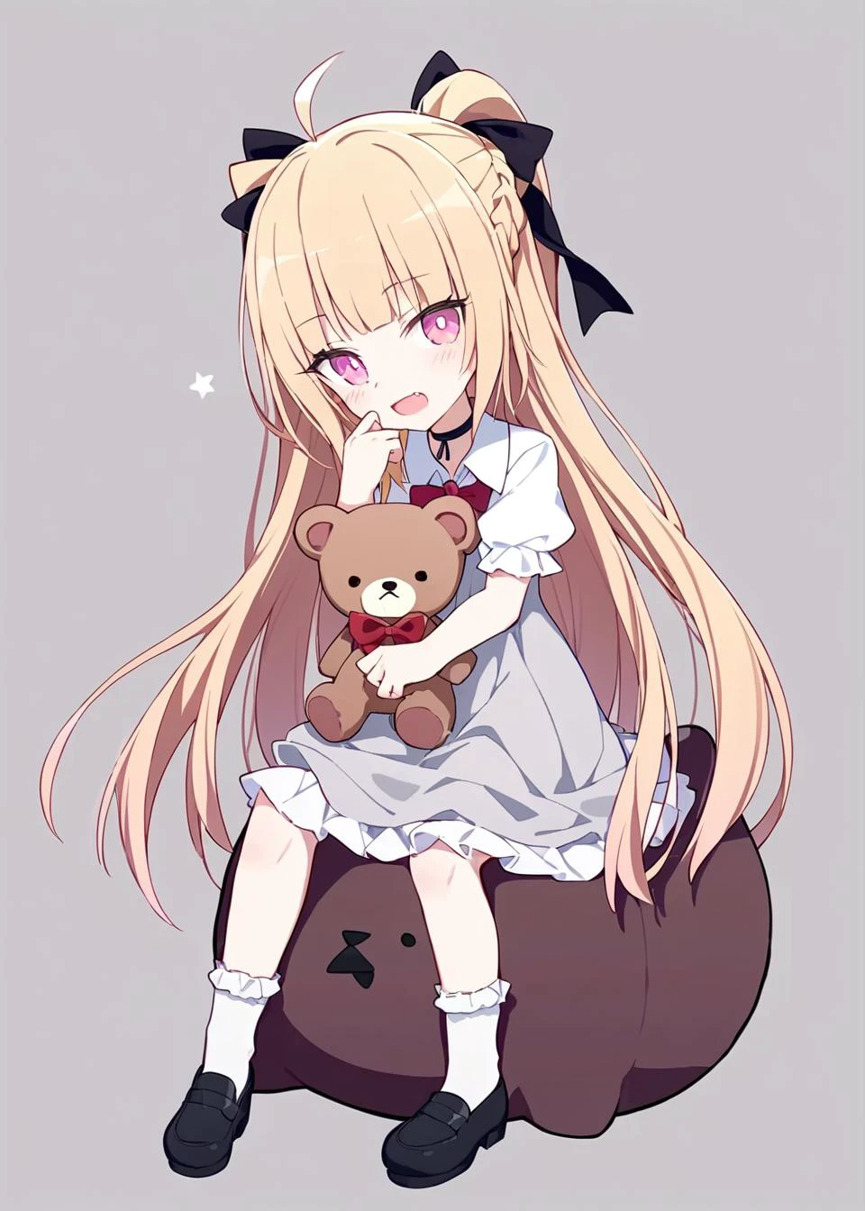 1girl,
rurudo,quan \(kurisu tina\), ogipote,
teddy bear, pink eyes, short sleeves, blunt bangs, sitting, open mouth, wavy mouth, bowtie, holding stuffed toy, shoes, chibi, blush, short dress, very long hair, fang, white shirt, pink dress, hair ribbon, collared shirt, shirt, hand to head, black bow, white bow, chibi only, dress, braid, black footwear, oversized object, stuffed toy, star (symbol), brown hair, socks, stuffed animal, puffy sleeves, grey background, grey dress, long hair, purple hair, blonde hair, purple eyes, black ribbon, grey eyes, single braid, frilled socks, solo, puffy short sleeves, frills, white socks, holding, ribbon, ahoge, bow, red bow, red bowtie, choker,
masterpiece, newest, absurdres, safe