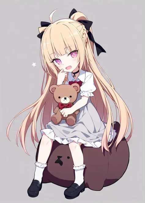 1girl,
rurudo,quan \(kurisu tina\), ogipote,
teddy bear, pink eyes, short sleeves, blunt bangs, sitting, open mouth, wavy mouth, bowtie, holding stuffed toy, shoes, chibi, blush, short dress, very long hair, fang, white shirt, pink dress, hair ribbon, collared shirt, shirt, hand to head, black bow, white bow, chibi only, dress, braid, black footwear, oversized object, stuffed toy, star (symbol), brown hair, socks, stuffed animal, puffy sleeves, grey background, grey dress, long hair, purple hair, blonde hair, purple eyes, black ribbon, grey eyes, single braid, frilled socks, solo, puffy short sleeves, frills, white socks, holding, ribbon, ahoge, bow, red bow, red bowtie, choker,
masterpiece, newest, absurdres, safe