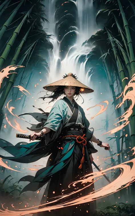 (Bamboo grove:1.4)Ink painting, ink painting, Chinese calligraphy, illustrationSunset, dusk
by Miyamoto Musashi,Painting, a Chinese warrior with his holding a sword, swirling cyclone, bamboo hat, super wide-angle lens, colorful arrangements, shige's visual aesthetic style, made of flowers, claire-obscure lighting, dark orange and teal, i can't believe how beautiful this is, in the style of zhang jingna, photomontage, hirohiko araki, oriental, sergio toppi, theatrical, feminine sensibilities
(glow, light pollution:1.5) (full body:1.0),
<lora:~Q?-e{  bamboo hat:0.8>