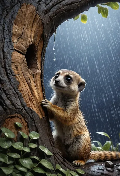 Midjourney, Midjourney style, realism, cinematic quality, A delightful watercolor illustration in the style of Jean-Baptiste Monge, capture a loner, adorable meerkat seeking shelter under a tree trunk on a rainy day, dominating the unique spectacle of the downpour, presents a close-up of the meerkat's brilliance, reflective eyes, intricate floral backdrop, and the texture of his tail too fluffy, cnhanced by ultra HD clarity and vivid colors, similar