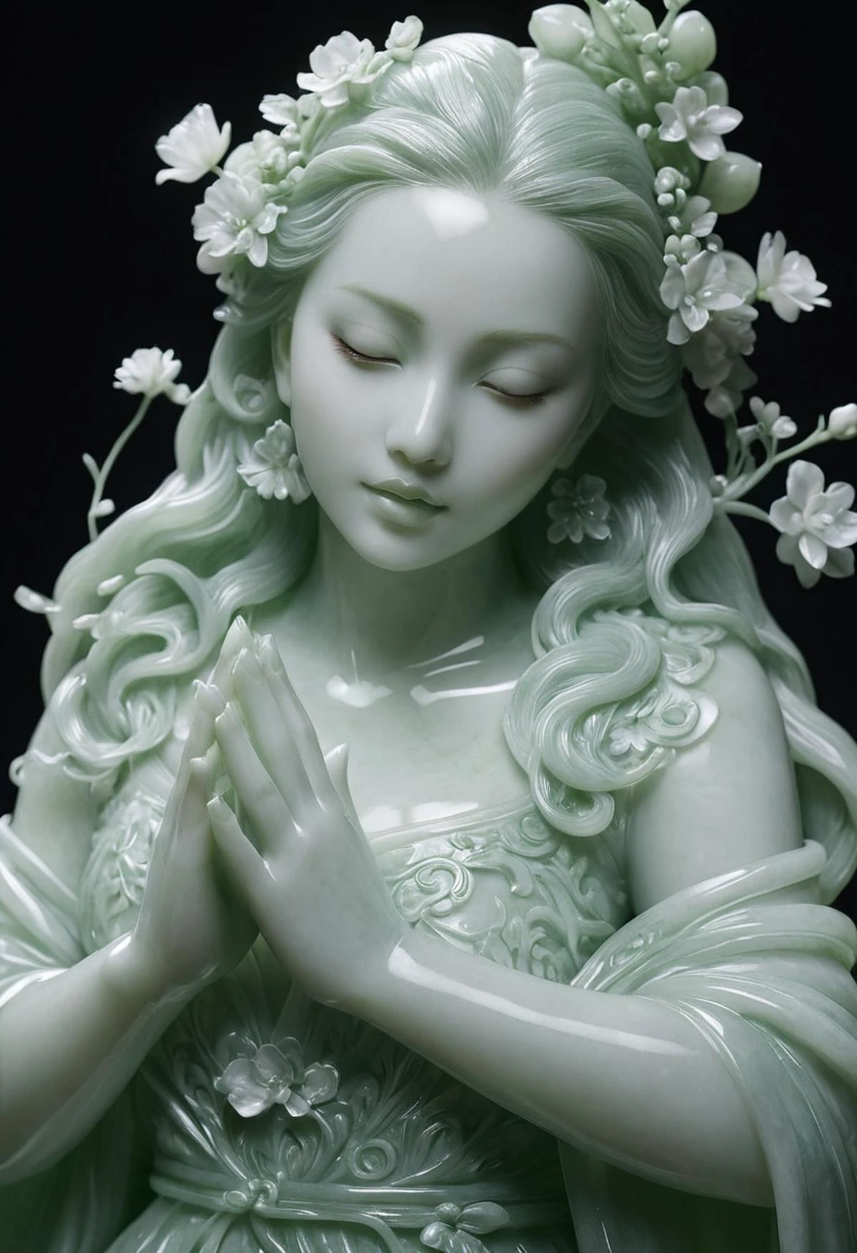Midjourney, Midjourney style, realism, cinematic quality, jade Sculpture, jade, realistic, hands holding flowers, pure white skin, cinematic light, Niji style, detailed, perfect