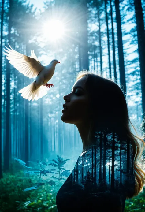 Midjourney, Midjourney style, realism, cinematic quality, Silhouette of a beautiful woman with long hair filled with a summer forest, with a dove in flight, double exposure, sharp lines, blue sky background