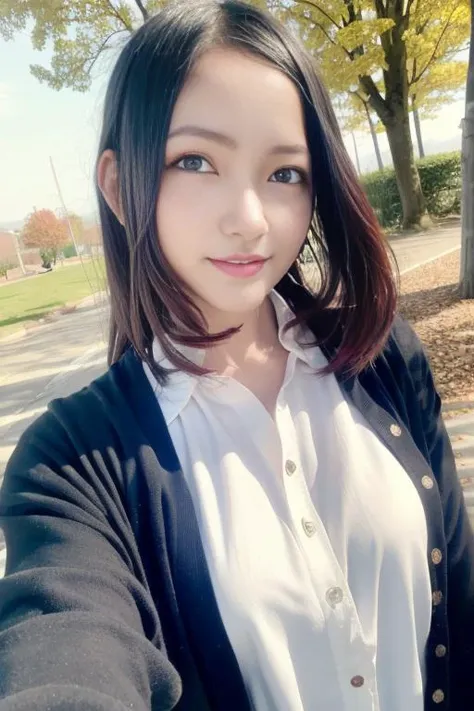 1girl,(wearing a buttoned blouse and cardigan:1.2),(RAW photo, best quality), (realistic, photo-realistic:1.4), masterpiece, an extremely delicate and beautiful, extremely detailed, 2k wallpaper, Amazing, finely detail, extremely detailed CG unity 8k wallpaper, ultra-detailed, highres, soft light, beautiful detailed girl, extremely detailed eyes and face, beautiful detailed nose, beautiful detailed eyes,cinematic lighting,autumn scenery,perfect anatomy,slender body,smiling <lora:nishimotorimi_lora:0.8>