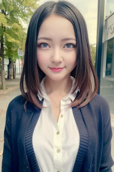 1girl,(wearing a buttoned blouse and cardigan:1.2),(RAW photo, best quality), (realistic, photo-realistic:1.4), masterpiece, an extremely delicate and beautiful, extremely detailed, 2k wallpaper, Amazing, finely detail, extremely detailed CG unity 8k wallpaper, ultra-detailed, highres, soft light, beautiful detailed girl, extremely detailed eyes and face, beautiful detailed nose, beautiful detailed eyes,cinematic lighting,autumn scenery,perfect anatomy,slender body,smiling <lora:nishimotorimi_lora:0.8>