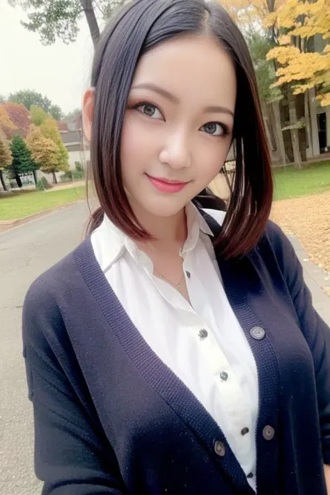 1girl,(wearing a buttoned blouse and cardigan:1.2),(RAW photo, best quality), (realistic, photo-realistic:1.4), masterpiece, an extremely delicate and beautiful, extremely detailed, 2k wallpaper, Amazing, finely detail, extremely detailed CG unity 8k wallpaper, ultra-detailed, highres, soft light, beautiful detailed girl, extremely detailed eyes and face, beautiful detailed nose, beautiful detailed eyes,cinematic lighting,autumn scenery,perfect anatomy,slender body,smiling <lora:nishimotorimi_lora:0.8>
