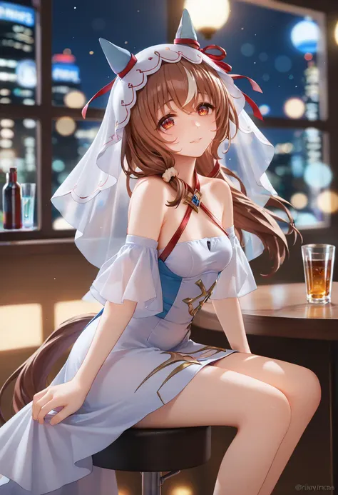 score_9, score_8_up, score_7_up, score_6_up, score_9, score_8_up, score_8, semi realistic, hot girl wearing skimpy tight dress sitting on a bar stool, <lora:StillinLove_v1-ponyXL:0.8>,
1girl, , mature, solo, red eyes, bare shoulders, small breasts, horse ears, horse tail, yandere,
bangs, eyebrows visible through hair, long brown hair, streaked hair, hair between eyes, hair scrunchie, veil, cute sexy pose, in a small skyscraper restaurant at night, moody lighting, window with view of night city, raindrops on window, night, drinks on a bar table, volumetric lighting, cinematic lighting, depth of field, bokeh, masterpiece