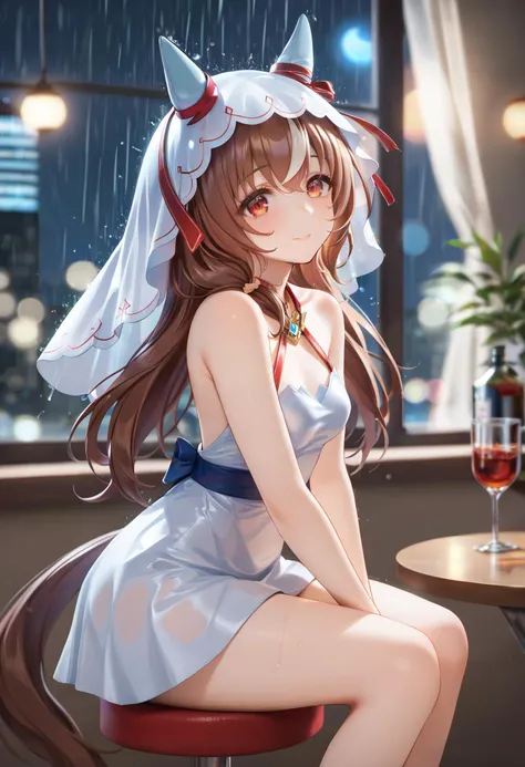 score_9, score_8_up, score_7_up, score_6_up, score_9, score_8_up, score_8, semi realistic, hot girl wearing skimpy tight dress sitting on a bar stool, <lora:StillinLove_v1-ponyXL:0.8>,
1girl, , mature, solo, red eyes, bare shoulders, small breasts, horse ears, horse tail, yandere,
bangs, eyebrows visible through hair, long brown hair, streaked hair, hair between eyes, hair scrunchie, veil, cute sexy pose, in a small skyscraper restaurant at night, moody lighting, window with view of night city, raindrops on window, rainy night, drinks on a bar table, volumetric lighting, cinematic lighting, depth of field, bokeh, masterpiece