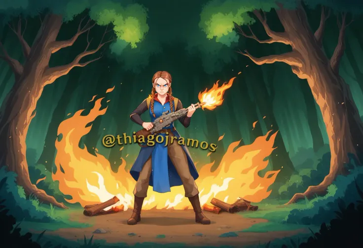 score_9, score_8_up, score_7_up, full body, 1girl, Greta, twin braids, brown hair, blue eyes, using a hvyflamer weapon on a burning tree, forest ablaze in the background, dressed in casual environmental activist attire, determined expression, chaotic setting, flames and smoke rising from the forest, dramatic and intense atmosphere, <lora:GretaT_Leaf1:1>, <lora:Heavy_Flamer_-_Warhammer_40000_Pony_SDXL:0.8>