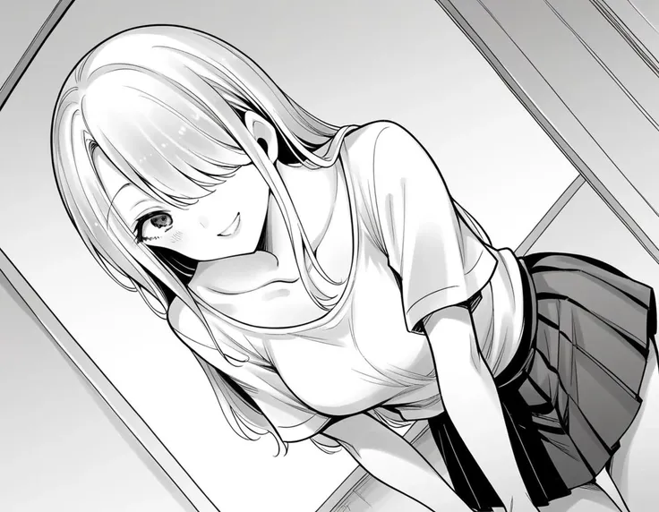 score_9, score_8_up, score_7_up, source_anime,
rumitakahashi, <lora:rumi-takahashi-manga-ponyxl-lora-nochekaiser:1>,
rumi takahashi, long hair, hair over one eye, monochrome, greyscale,
skirt, shirt, collarbone, short sleeves, pleated skirt,
indoors, bent over, smile,
looking at viewer, solo, cowboy shot, dutch angle,