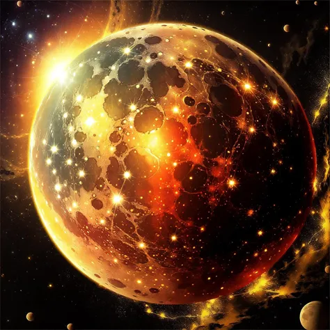 golden moon, full moon, sky, planet, space, starry sky, no humans, <lora:GreenMoon:0.5>