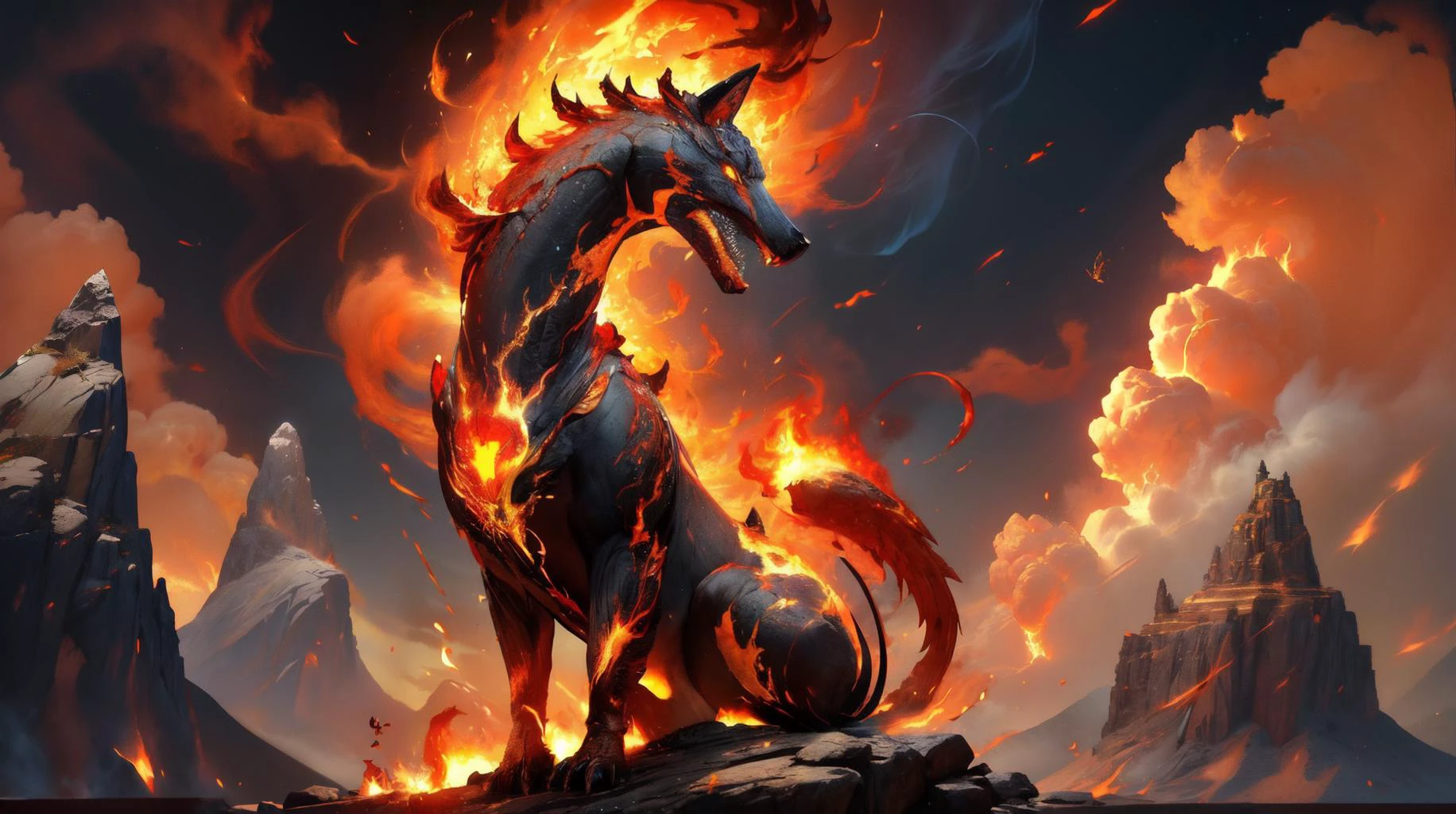 (masterpiece, best quality, fullscreen), [(full body:1.0)::0.1] portrait (photo of a Ornate fire [magical being:creature:0.2]:1.3), <lora:EYES Glowing_eyes_portrait:0.4>, (Nocturnal:1.0), (Gorgeous skin red glowing Digitigrade Appendages:1.5), (Flame Projection), (Wormlike body shape:0.8), (Cat head:0.9), (several Plantigrade Appendages:1.2), <lora:EFFECT Fire_VFX-000010:0.3> pyrokinesis, fire magic, fireball, <lora:EFFECT r1ge - AnimeRage:0.3> (r1ge:1.0), <lora:deamonXP_v1.1:0.6>, (fiery Blazing background:1.1), (Fantasy Lighting), (Olive Candlelight lighting:1.1), <lora:EFFECT FireUniverse:0.3>, <lora:BACKGROUND volcano:0.4> fire, mountain, , (look at the viewer:1.1), ,<lora:LIGHT kkw-HDR-v1.0a:0.4> kkw-HDR, <lora:BACKGROUND booscapes_v2:0.5>, <lora:QUALITY add_detail:0.1>, (Full body Shot, Shallow Focus Shot, Low Angle Shot:[1.2:0.5:0.1]), heavily detailed, , (asymmetric composition:1.3), (sharp focus), <lora:EFFECT Magic card fakemtg_label:1> fakemtg, (no humans), xtremely detailed, 4k, trending on artstation
