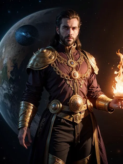 ancient king in rich clothes, 30 years old european man, <lora:FireUniverse:0.5> fire, Universe, planet
