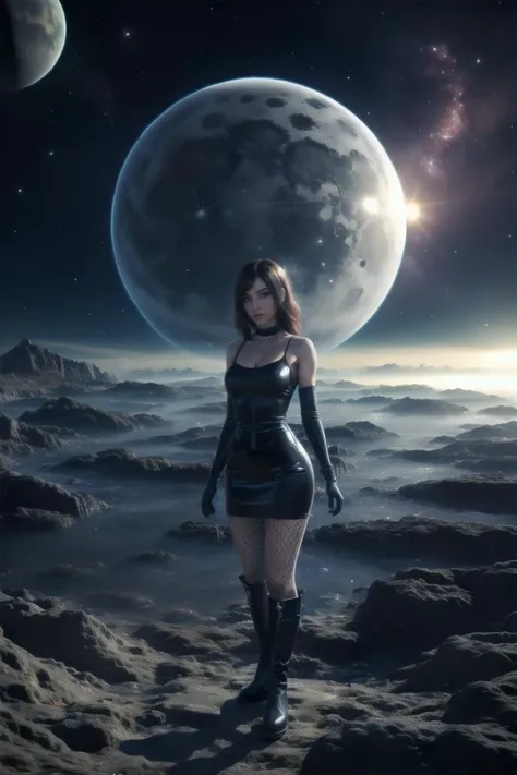 1girl, holding a star i her hands, <lora:coldUniverse:0.65> moon, universe, earth_\(planet\) <lora:Latex_Gothic_Short_Dress_By_Stable_Yogi:0.8> latex pattern, gothic short black dress, bare shoulders, choker, fishnets, platform boots, bag