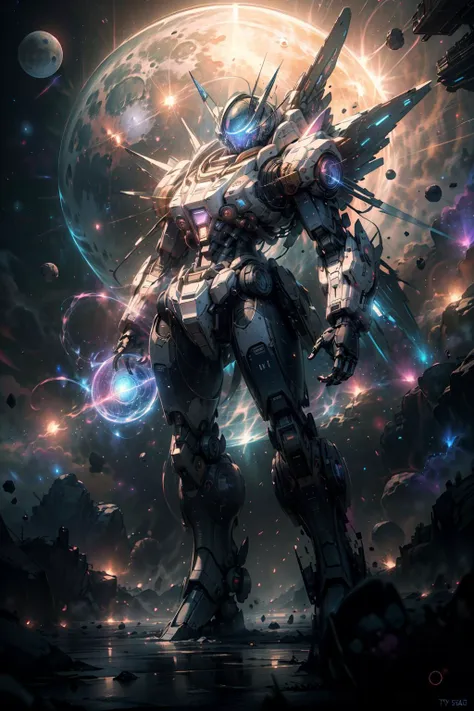 (8k,RAW photo, best quality, masterpiece:1.2),physically-based rendering,tyndall effect,surface reflection,looking at viewer, Eye Level, (Mecha:1.2),full body,solo,Wind,scientific discoveries,pastel colors,scifi,space,moon,planet, rainbow-candy, style-swirlmagic, <lora:ChronomancyMecha:0.8>,<lora:universe:0.6:bg>,