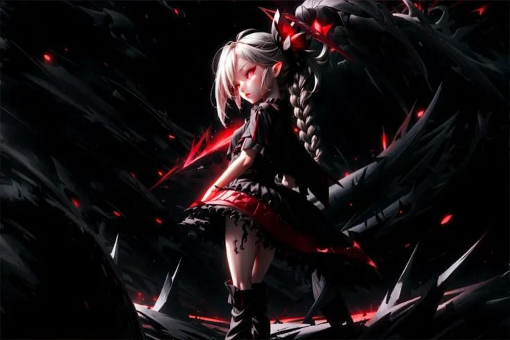 (high quality),(8K),(4K),(full body),(high quality eyes),
1girl,asagi mutsuki,braids,dark layered dress,black ripped cape,red planet destruction,bat,darkness,red neon,
<lora:asagiMutsukiV1:1>,<lora:princess_dress-SD-2.0:1>,<lora:GreenMoon:1>,<lora:(Outil) Émotion:-2>,<lora:(Outil) Détails:1.5>