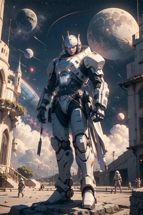 (8k, RAW photo, best quality, masterpiece:1.2),looking at viewer,Tracking Shot Mecha,full body,solo,Wind,castle,scientific discoveries,pastel colors,scifi,rainbow-candy,style-swirlmagic,space, moon, planet,<lora:universe:0.5:bg> <lora:mechaangelv2-noise:0.8>