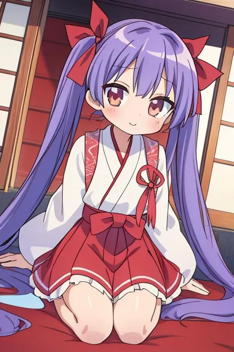 masterpiece, best quality,,<lora:GoodHands-vanilla:0.8> <lora:anmnr01:0.3> <lora:add_detail:0.5> , <lora:lucky_star_offset:0.7>,hiiragi_kagami,shrine maiden clothes,long twintail,large red ribbon,chibi,petite,stylish angle,happy,