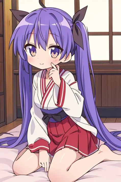 masterpiece, best quality,,<lora:GoodHands-vanilla:0.8> <lora:anmnr01:0.3> <lora:add_detail:0.5> , <lora:lucky_star_offset:0.7>,hiiragi_kagami,shrine maiden clothes,long twintail,large ribbon,chibi,petite,stylish angle,happy,