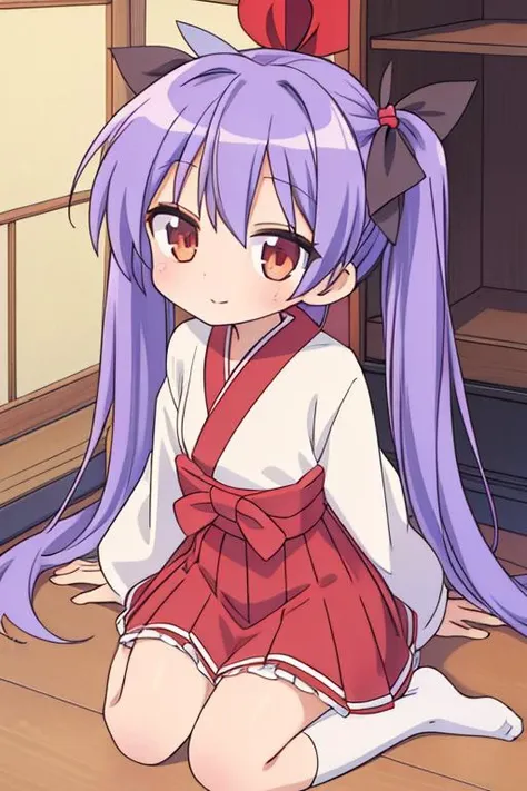 masterpiece, best quality,,<lora:GoodHands-vanilla:0.8> <lora:anmnr01:0.3> <lora:add_detail:0.5> , <lora:lucky_star_offset:0.7>,hiiragi_kagami,shrine maiden clothes,long twintail,large red ribbon,chibi,petite,stylish angle,happy,