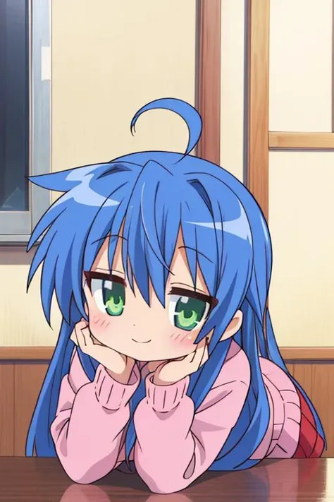 masterpiece, best quality,,<lora:GoodHands-vanilla:0.8> <lora:anmnr01:0.3> <lora:add_detail:0.5> , <lora:lucky_star_offset:0.7>,izumi konata,chibi,petite,stylish angle,happy,