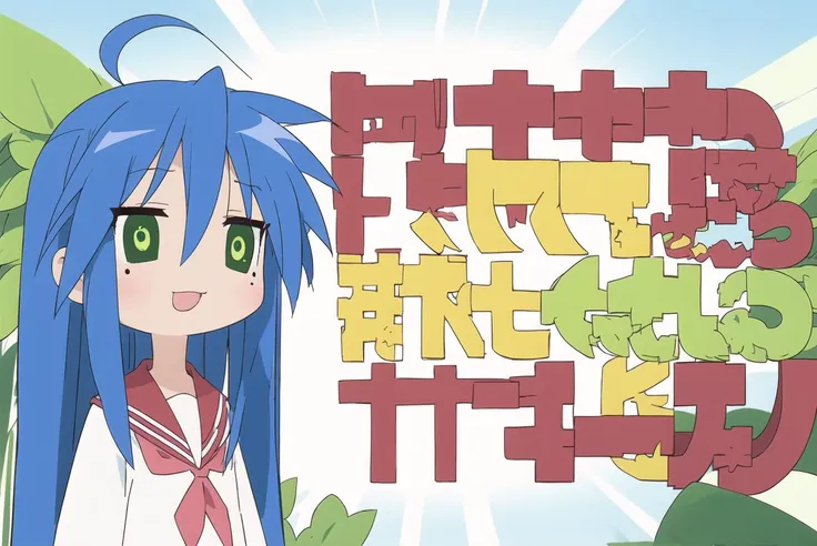 lucky star, masterpiece, best quality, 1girl, mole under eye, mole, ryouou school uniform, solo, school uniform, serafuku, long hair, green eyes, blue hair, parody, :3, ahoge
<lora:SeyanaMemeV1:1>, <lora:lucky_star_offset:1>
