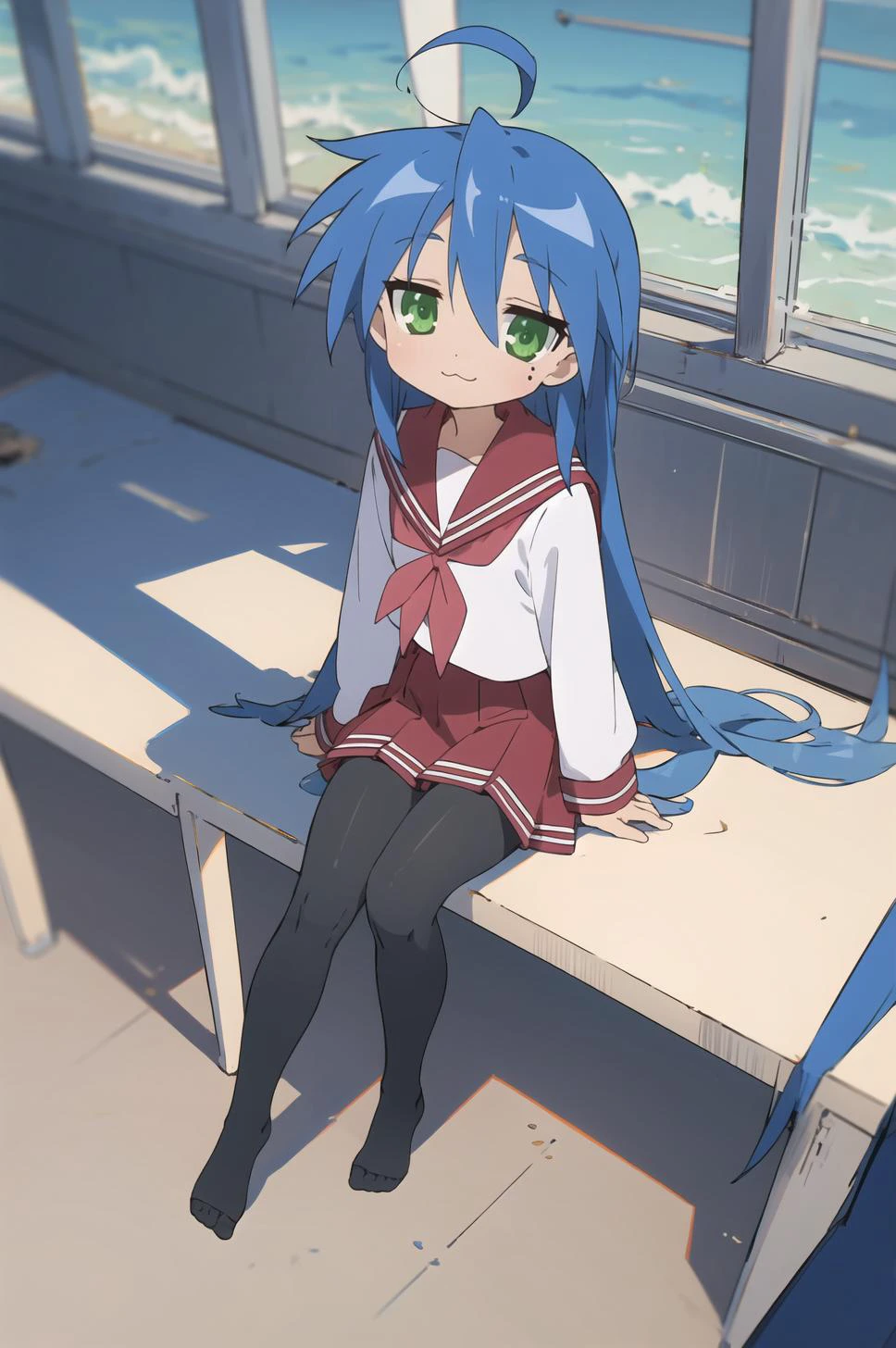lucky star, masterpiece, best quality, 1girl, mole under eye, mole, ryouou school uniform, solo, school uniform, serafuku, long hair, green eyes, blue hair, parody, :3, ahoge <lora:lucky_star_offset:1>,looking up, looking afar, head tilt,sitting,hug own legs,pantyhose, no shoes,embarresed, ??????????