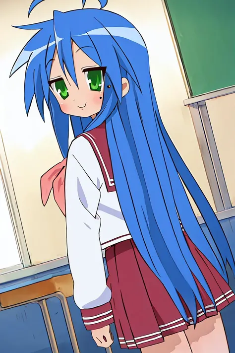 lucky star, masterpiece, best quality, 1girl, mole under eye, mole, ryouou school uniform, solo, school uniform, serafuku, long hair, green eyes, blue hair, parody, :3, ahoge <lora:lucky_star_offset:1>
